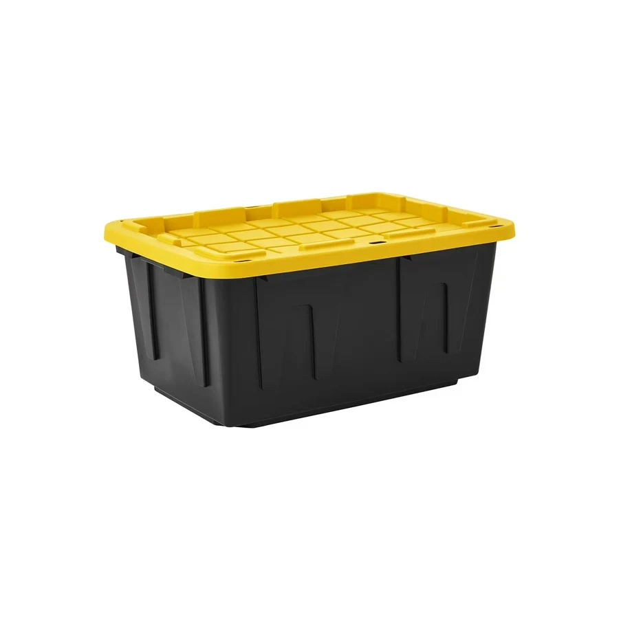 Black and yellow 27-gallon heavy-duty moving tote with snap-tight lid